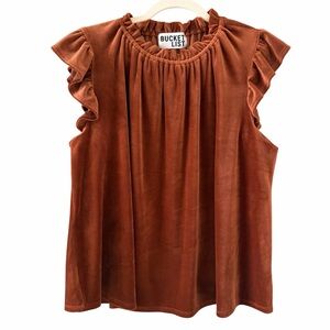 NWOT Bucket List Rust Velvet Ruffle Sleeve Blouse - Size Large
